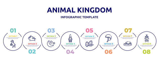 animal kingdom concept infographic design template. included wild horse, werewolf, moon and stars, gnome, gummy, jockey hat, dog resting, roach icons and 8 option or steps.