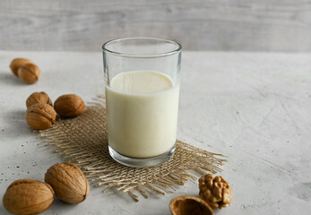 Vegan walnut milk in a glass and organic walnuts on a natural table, non-dairy alternative milk, copy space
