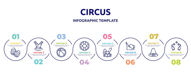 circus concept infographic design template. included eggs, scene, beach ball, lifesaver, bunny, snails, pirim, juggling icons and 8 option or steps.