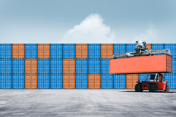 Stack of colorful containers box cargo in port shipping yard with Container handler in loading with floor ground and blue sky background, copy space, logistics import export and transportation concept