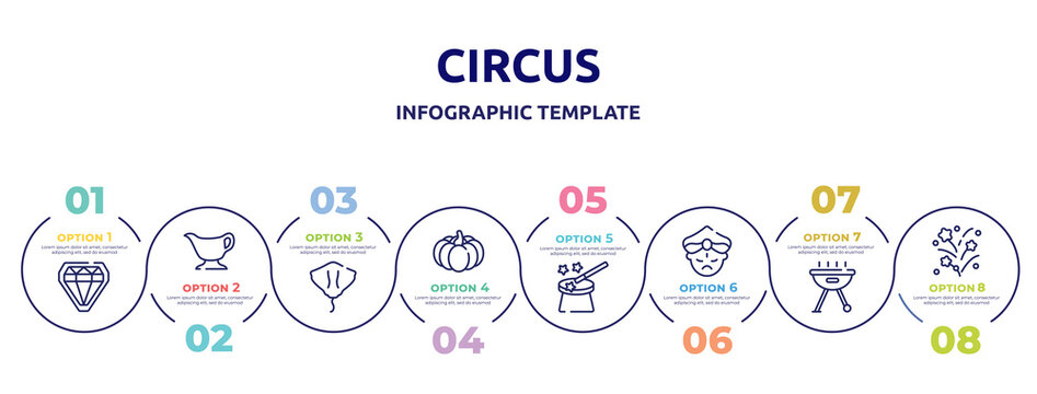 circus concept infographic design template. included diamonds, gravy, stingray, pumpkin, magic wand, maharaja, , firework icons and 8 option or steps.