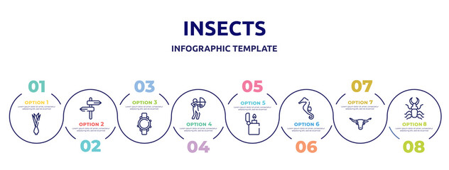insects concept infographic design template. included onion, road, diving watch, hunter, lighter, seahorse, bull, stag beetle icons and 8 option or steps.