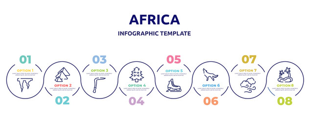 africa concept infographic design template. included icicle, pyramid, scythe, pine tree, ice skate, wolf, windy, oasis icons and 8 option or steps.