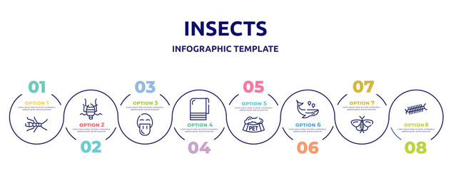 insects concept infographic design template. included earwig, bedbug, platypus, towel, pet bowl, whale, moth, centipede icons and 8 option or steps.