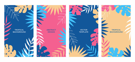 Vector tropical summer set of social media story design templates. Minimalist style. Abstract prints for cover templates, banners, backgrounds, packaging, branding, advertising.