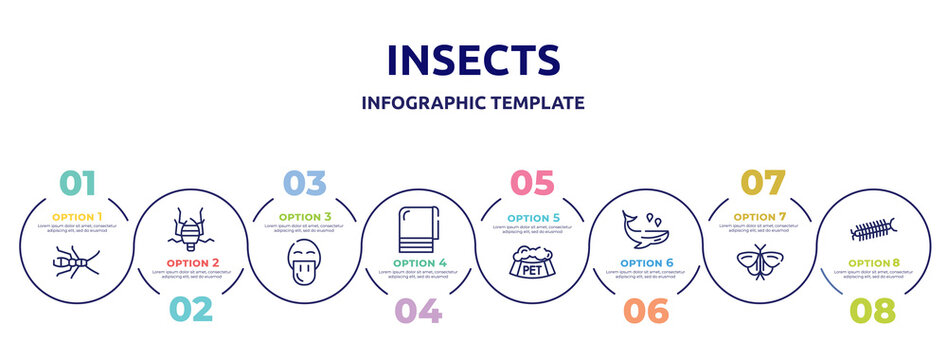 insects concept infographic design template. included earwig, bedbug, platypus, towel, pet bowl, whale, moth, centipede icons and 8 option or steps.