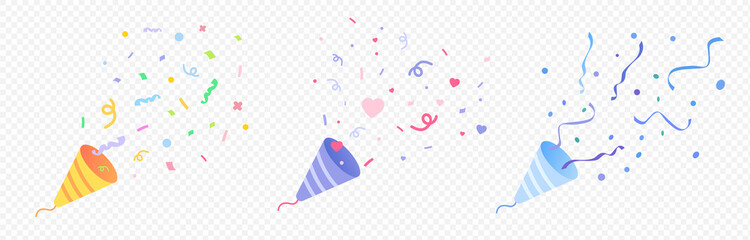 cute party popper illustration set. confetti, explosion, firecracker,  celebration. Vector drawing. Hand drawn style.
