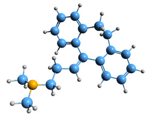  3D image of Amitriptyline skeletal formula - molecular chemical structure of  tricyclic antidepressant isolated on white background
