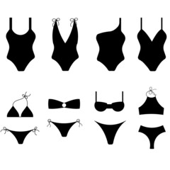 Set of silhouettes of women's swimsuits, isolated on a white background. Swimsuit or bikini. Top and bottom. Vector illustration.