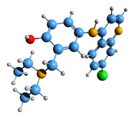  3D image of Amodiaquine skeletal formula - molecular chemical structure of  malaria medication isolated on white background
