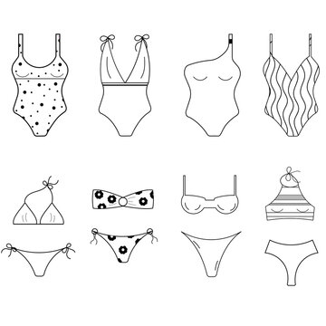 Set of women's swimwear, isolated on white background in line style. Swimsuit or bikini