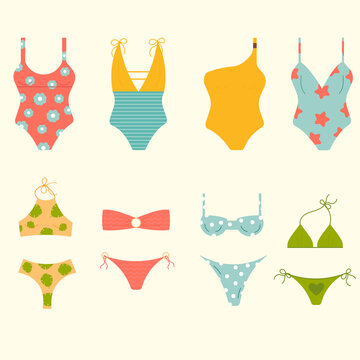 Set of women's different swimsuits, isolated against the background. Swimsuit or bikini