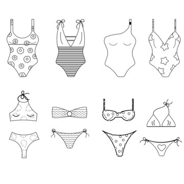 Set of women's different swimwear, isolated on the background in the style line. Swimsuit or bikini