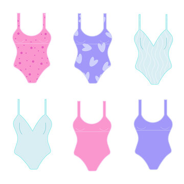 Women's swimwear piece in different colors and patterns. Isolated on white background. Vector illustration.