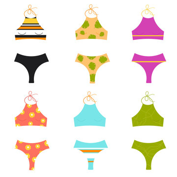 Women's swimsuits in different colors and patterns. Isolated on white background. Bottom and top. Vector illustration.