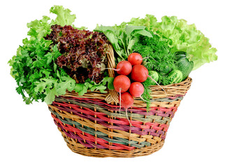 Fototapeta premium Basket with fresh vegetables and herbs. Spring abundance. Diet. The concept of healthy eating. Organic products.Isolated
