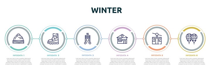 winter concept infographic design template. included winter cap, snow boot, electric heater, winter cabin, ski lift, snowshoes icons and 6 option or steps.