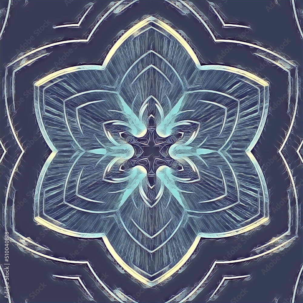 Poster complex and intricate blue and grey ice hexagonal kaleidoscopic pattern and design
