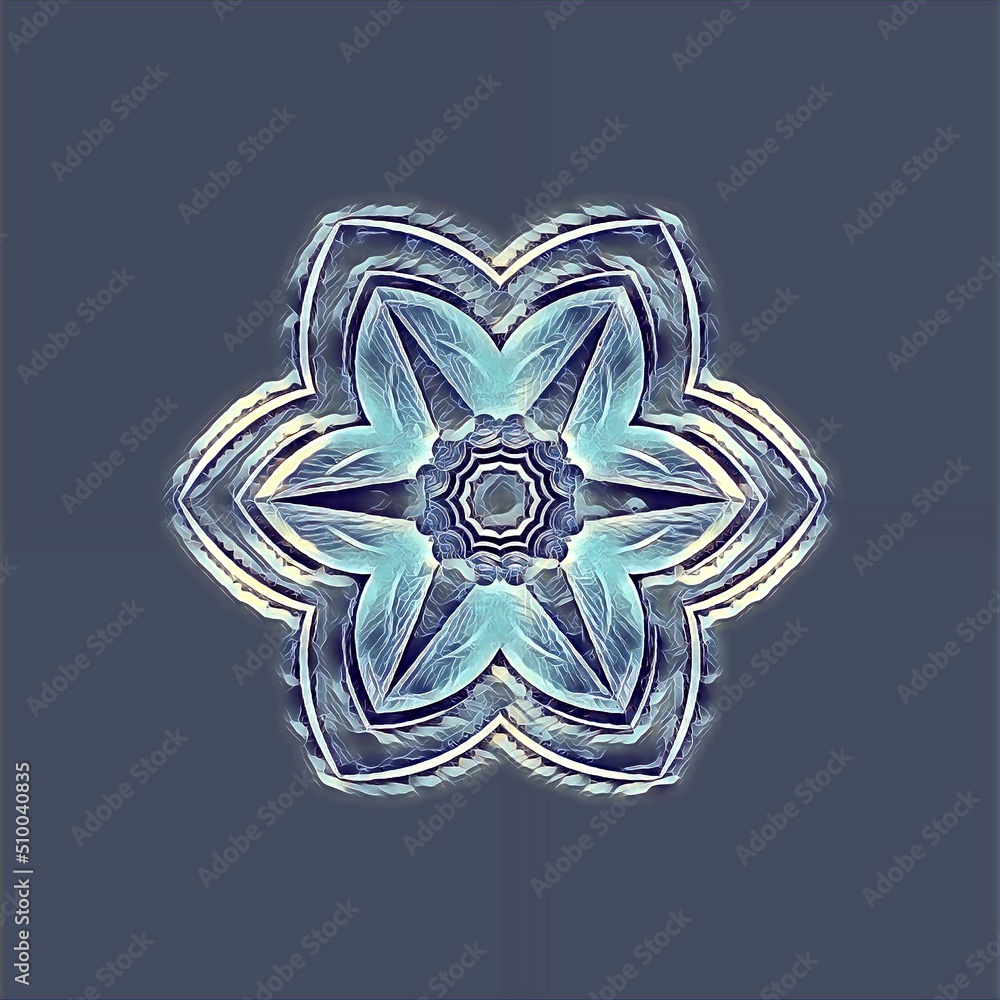 Poster complex and intricate blue and grey ice hexagonal kaleidoscopic pattern and design