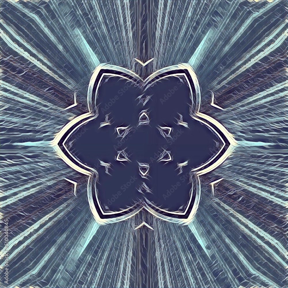 Poster complex and intricate blue and grey ice hexagonal kaleidoscopic pattern and design