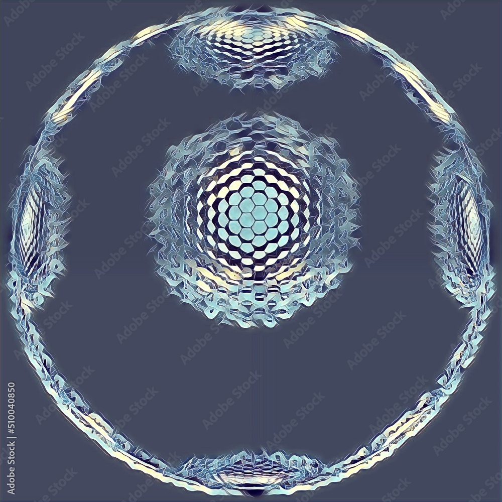 Poster complex and intricate blue and grey ice hexagonal kaleidoscopic pattern and design