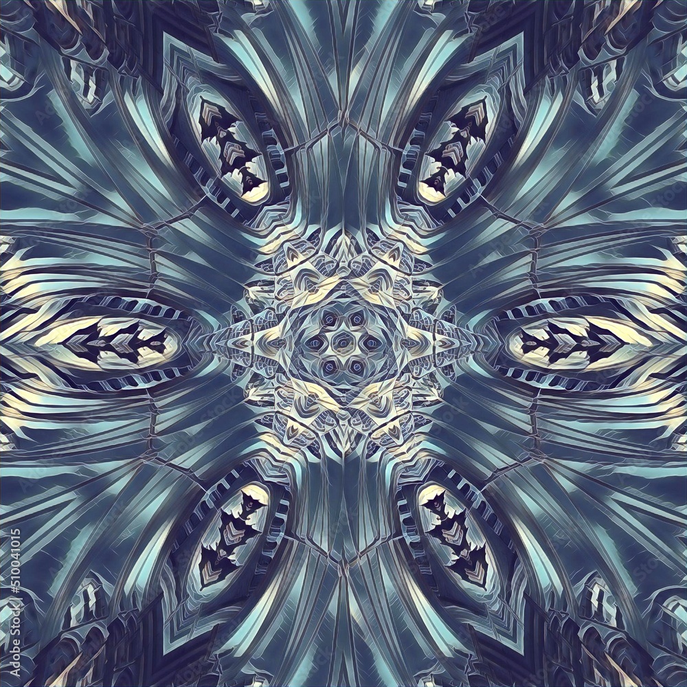 Poster complex and intricate blue and grey ice hexagonal kaleidoscopic pattern and design