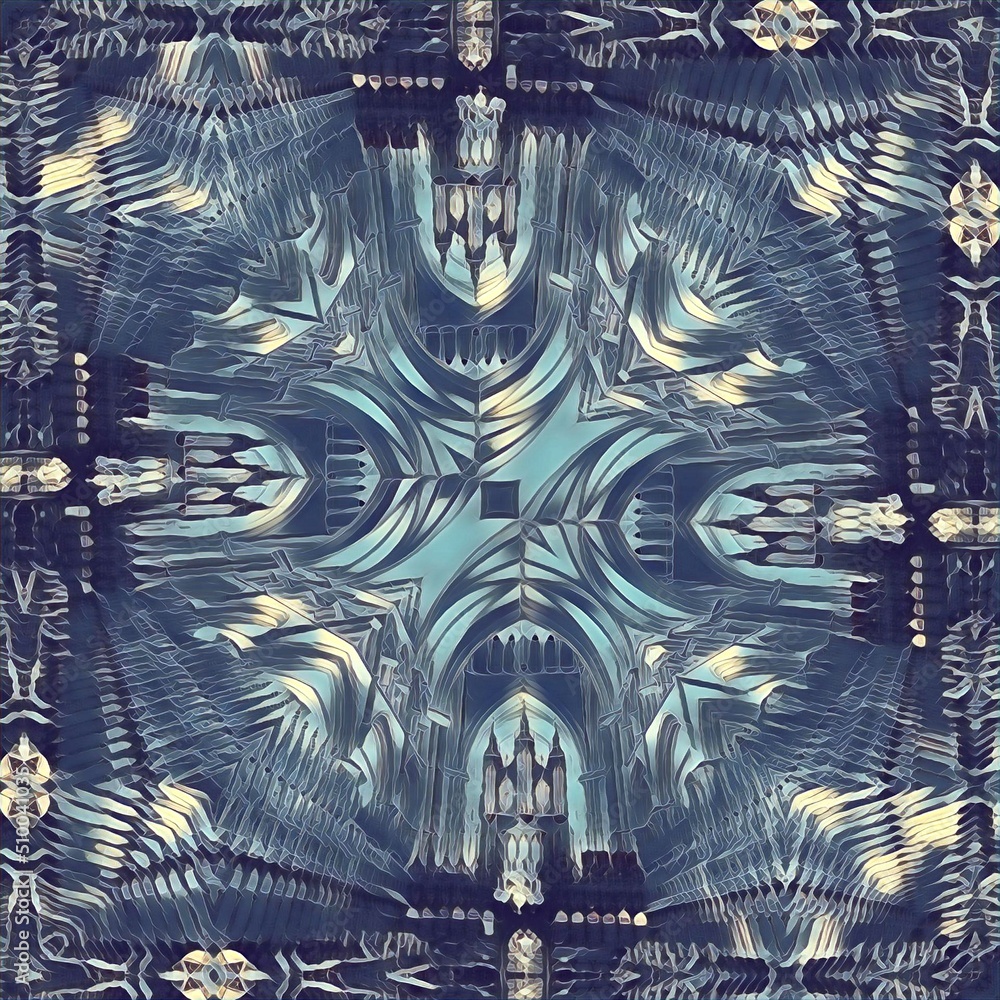 Poster complex and intricate blue and grey ice hexagonal kaleidoscopic pattern and design