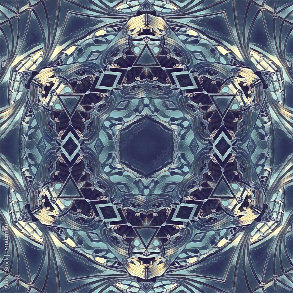 Poster complex and intricate blue and grey ice hexagonal kaleidoscopic pattern and design