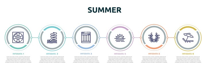 summer concept infographic design template. included life guard, aqua park, air mattress, sun at sea, wreath, beach chair icons and 6 option or steps. - obrazy, fototapety, plakaty