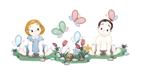 Fototapeta premium Cute little cartoon girl and boy in summer clothes sit on the grass. There are beautiful flower bed and butterflies near to them. Digital illustration in the style of colored pencils and watercolor