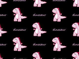 Dinosaur cartoon character seamless pattern on black background. Pixel style