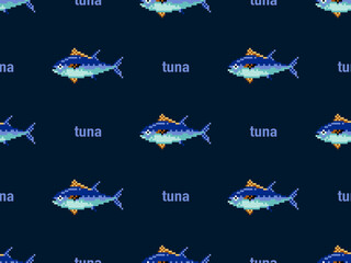 Tuna cartoon character seamless pattern on blue background. Pixel style