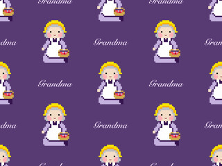 Grandmother cartoon character seamless pattern on purple background. Pixel style
