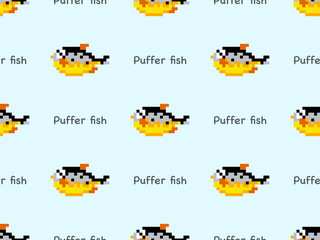 Puffer fish cartoon character seamless pattern on blue background. Pixel style