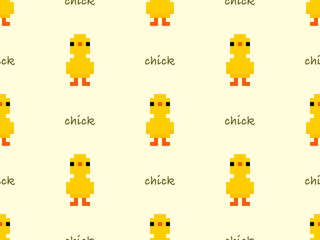 Obraz na płótnie Canvas Chick cartoon character seamless pattern on yellow background. Pixel style