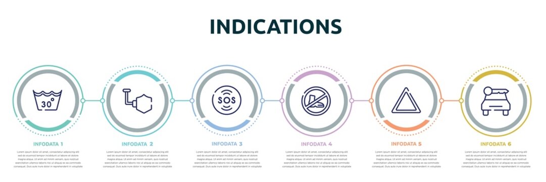 indications concept infographic design template. included 30 degree laundry, shield, sos warning, no shoes, any bleach, car rental icons and 6 option or steps.