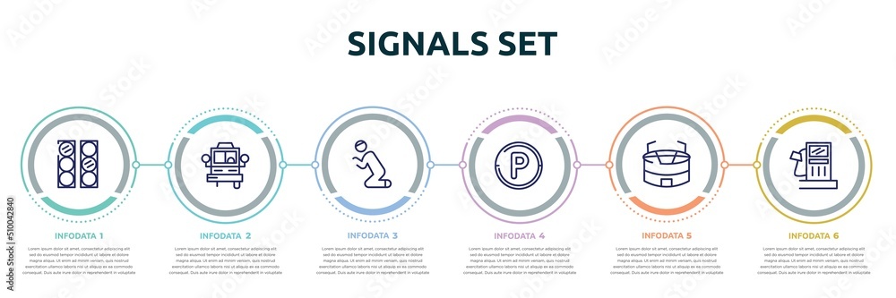 Poster signals set concept infographic design template. included semaphore lights, bus front with driver, p