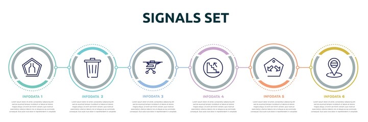 signals set concept infographic design template. included narrow road, trash, air taxi, upstairs, keep in lane, placeholder point icons and 6 option or steps.
