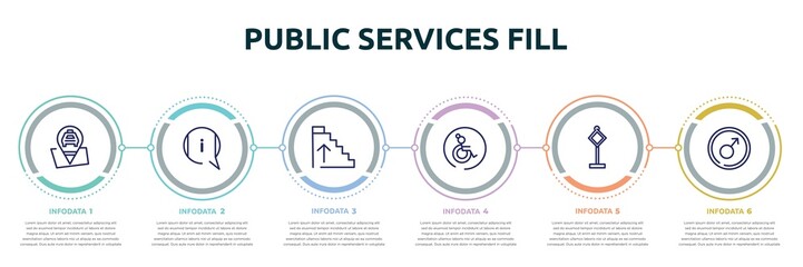 public services fill concept infographic design template. included taxi stop, information, ascending stairs, wheelchair side view, traffic, men icons and 6 option or steps.