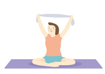 床に座ってタオルを使ってストレッチをするダイエット中の女性