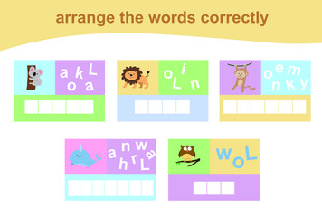 Arrange the words correctly. Worksheet for preschool. Writing practice. Vector file.