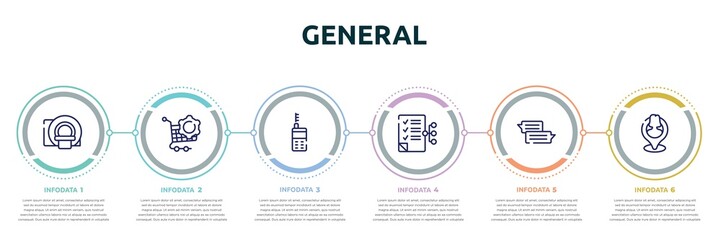 general concept infographic design template. included mri scanner, procurement, laser measurement, smart contract, text chat, placement icons and 6 option or steps. - obrazy, fototapety, plakaty