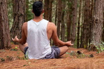 Naklejka na ściany i meble Latin man meditating in the middle of the quiet forest. Seen from behind. Fit man practicing yoga for a healthier life.
