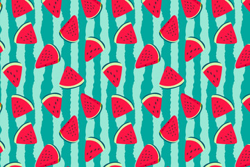 Vector watermelons hand drawn pattern horizontal background. Cute summer fresh fruits print. Watermelon red slices repeat texture on green striped background for wallpaper, design, decor.