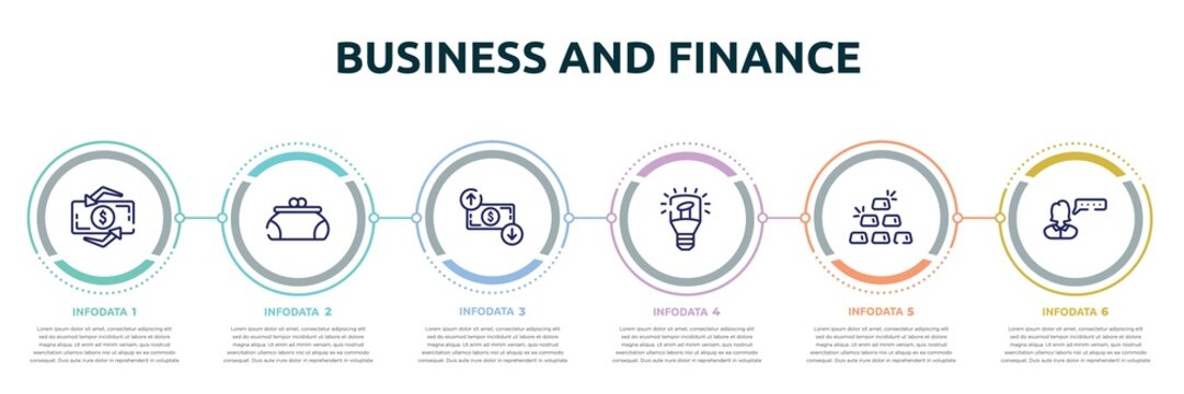 business and finance concept infographic design template. included dollar exchange, women puser, dollar rates, light modern lamp tool, six gold bars, user review icons and 6 option or steps.