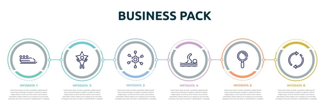 business pack concept infographic design template. included bobsleigh, superior, project scheme, swim, magnifier tool, arrow circle icons and 6 option or steps.