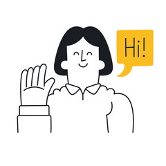 Woman waving hand. Speech bubble hi. Outline, linear, thin line, doodle art. Simple style with editable stroke.
