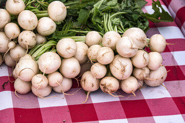 Baby Turnips on Display at a Farmers Market