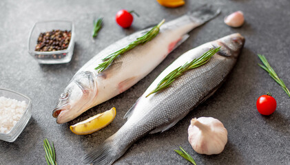 raw sea bass fish on stone background