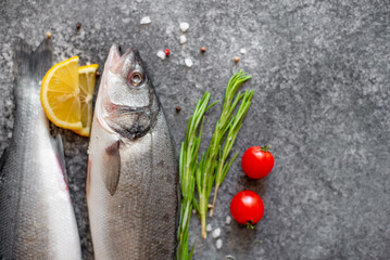 raw sea bass fish on stone background with copy space for your text